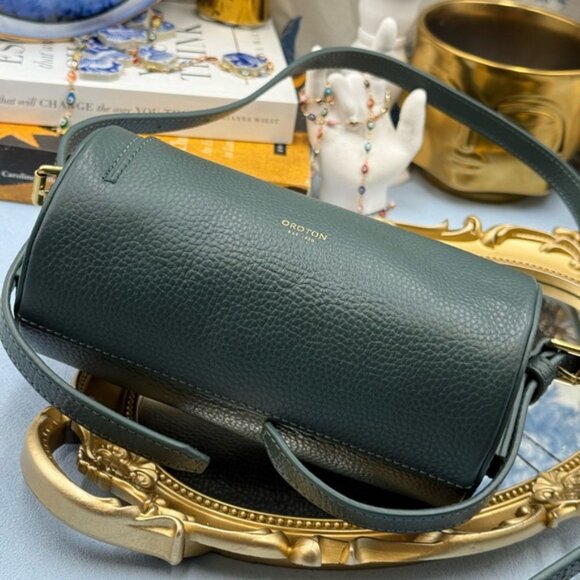 🆕 OROTON 🧿 NWOT Margot Mini Cylindrical Leather Drum Bag, Deep Green - Picture 9 of 16